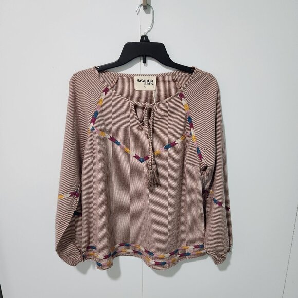 Savanna Jane NEW Long Sleeve Brown/Tan Striped Peasant Top with embroidery-Small - Picture 1 of 9